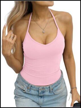 Womens V Neck Halter Tank Top Backless Spaghetti Strap Cami Going Out Summer Top
